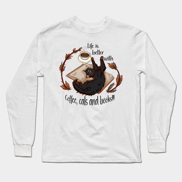 Life is better with coffee, cats and books - Black cat Long Sleeve T-Shirt by Artimas Studio